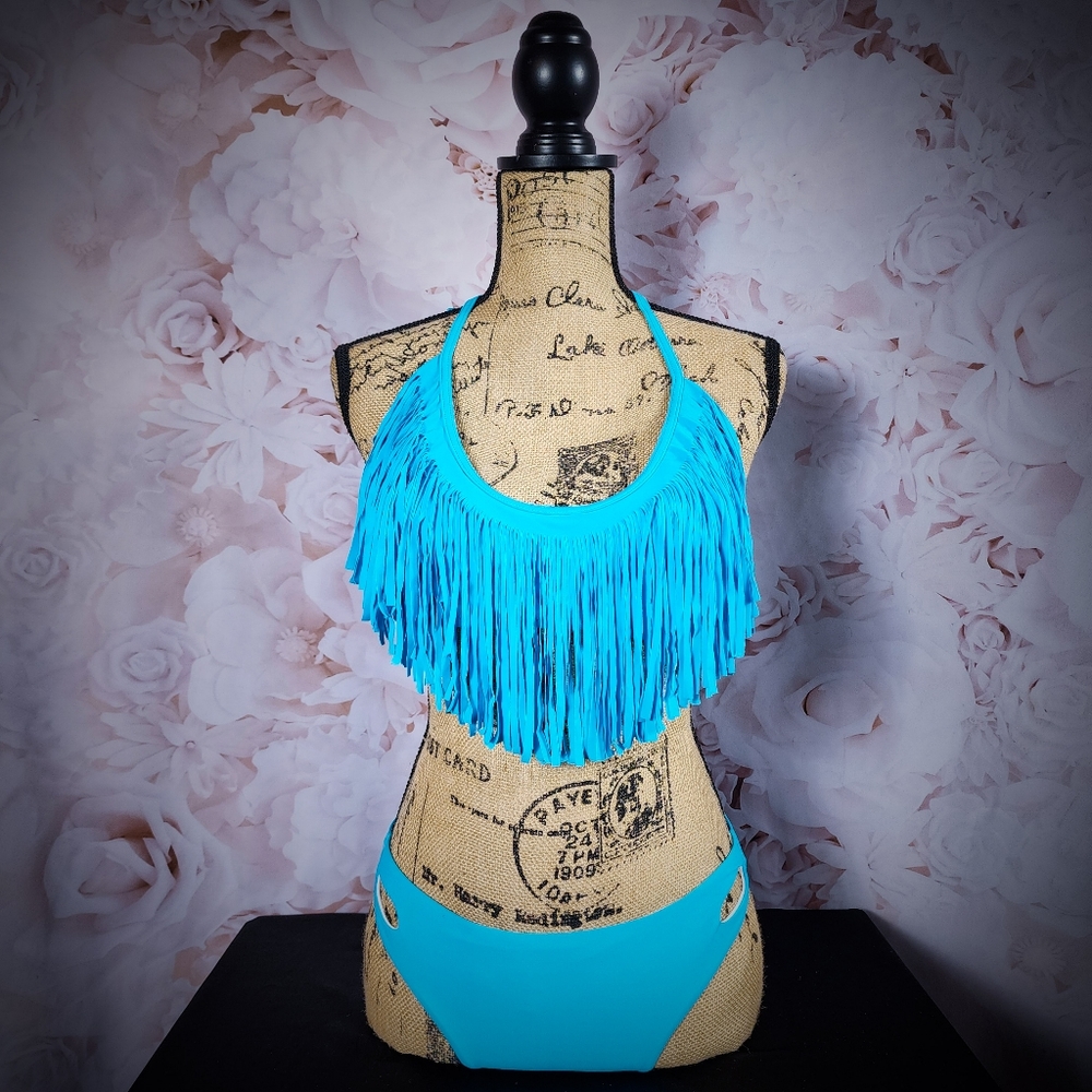 NWOT Large Turquoise Fringe Halter Bikini